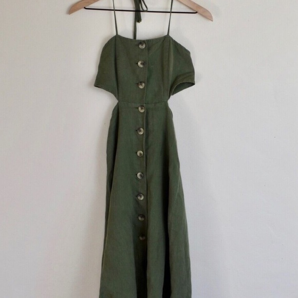 Urban Outfitters Halter Tie, Button-up, Midi, Linen Dress, Green, Size S - Picture 3 of 4
